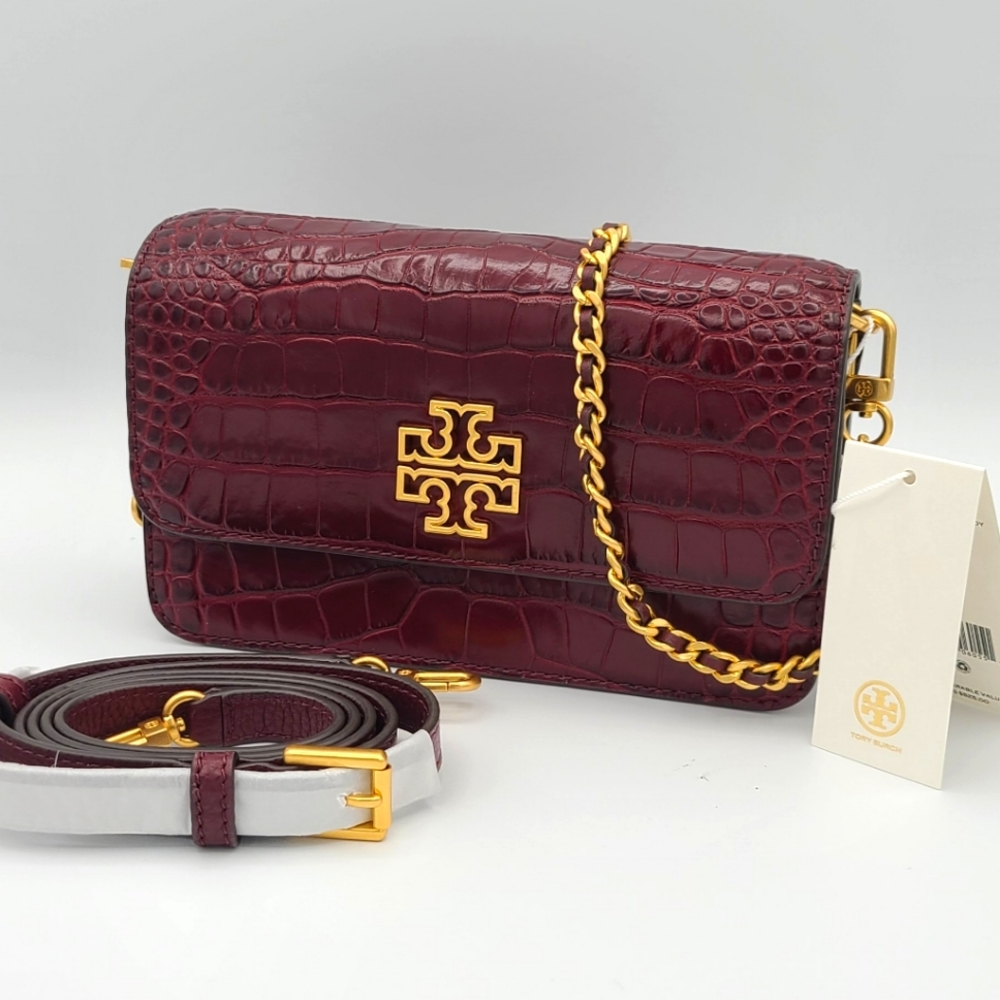 Tory Burch Britten Croc Convertible Crossbody Shoulder Bag in Claret